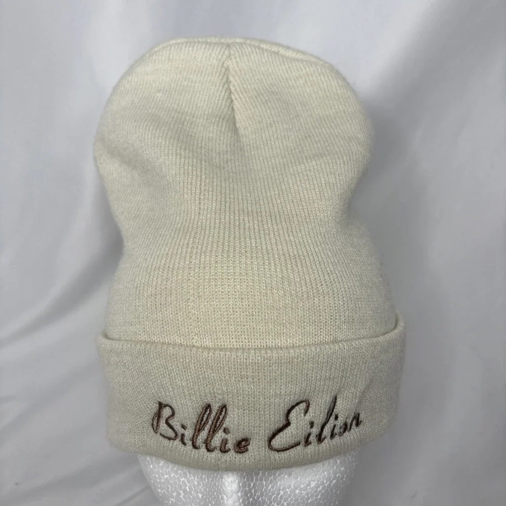 Billie Eilish Script Logo Cuffed Knit‎ Beanie Winter Hat Cap Cream Brown
